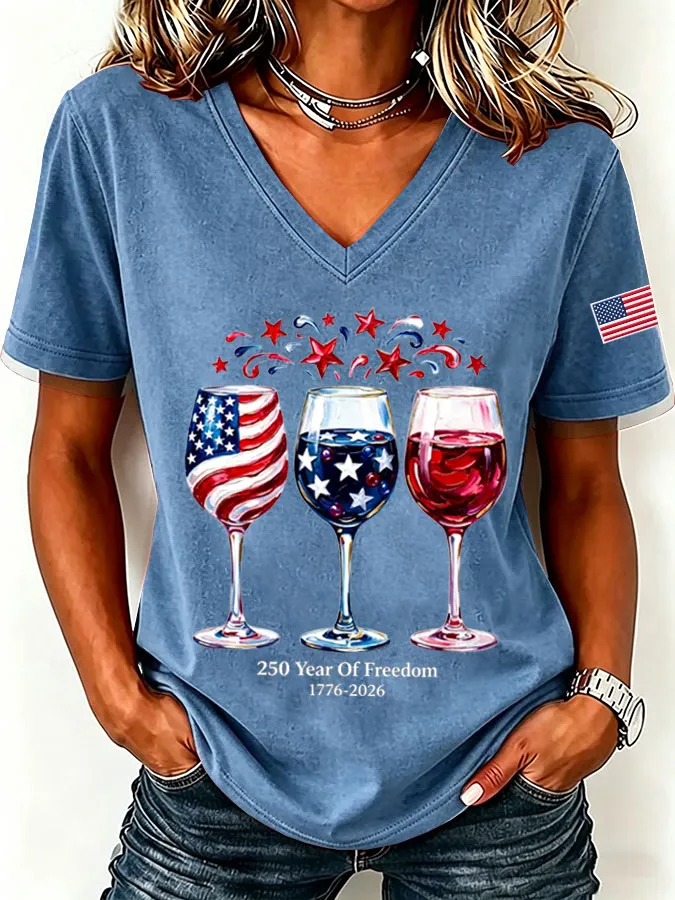 Women'S America Flag  Print Casual V-Neck T-Shirt