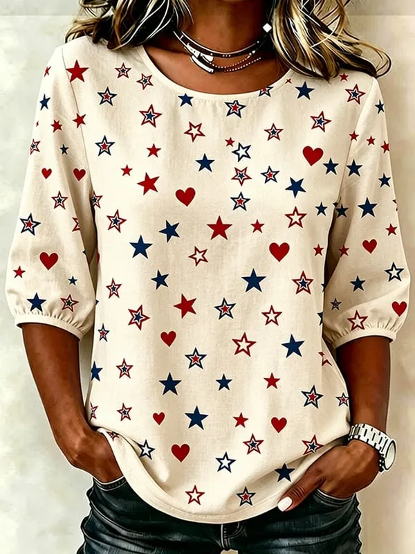 Women's Patriotic Star Linen Printed Top