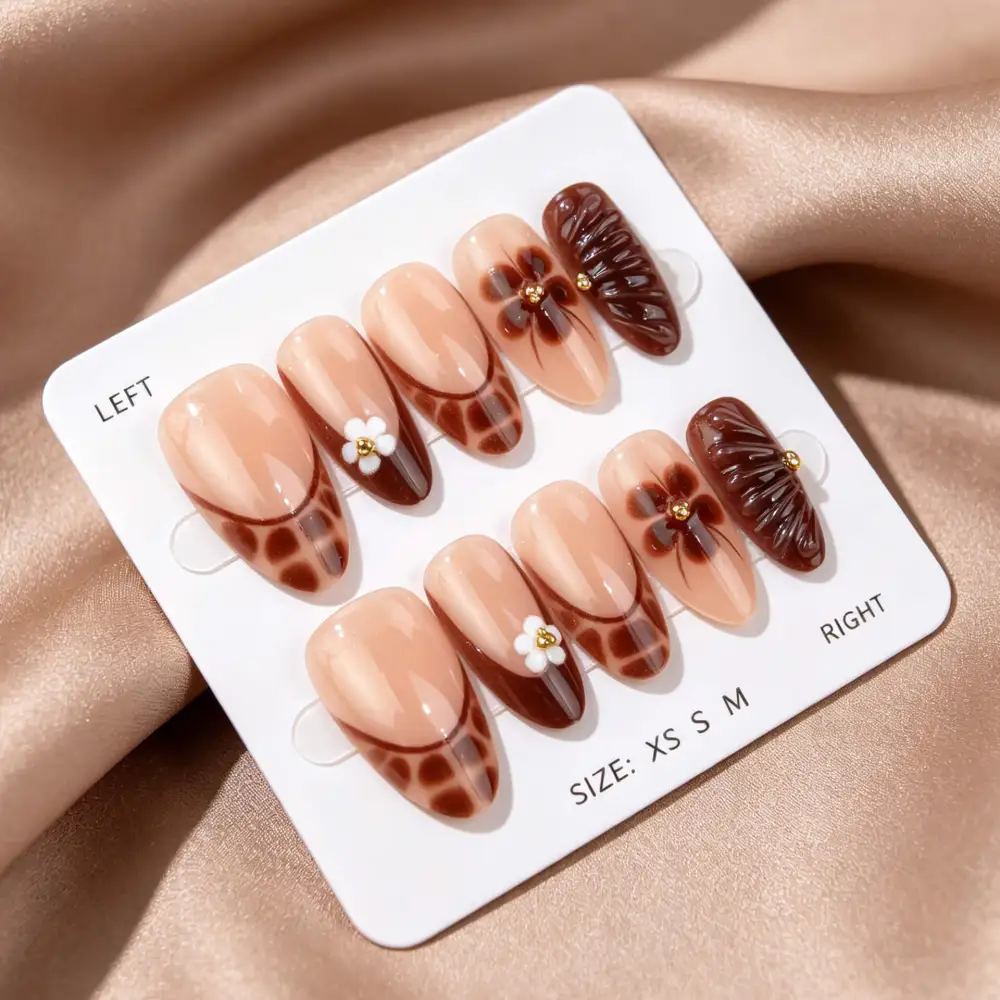 Nailhour 30Pcs Autumn Brown 3D Medium Almond Press On Nails