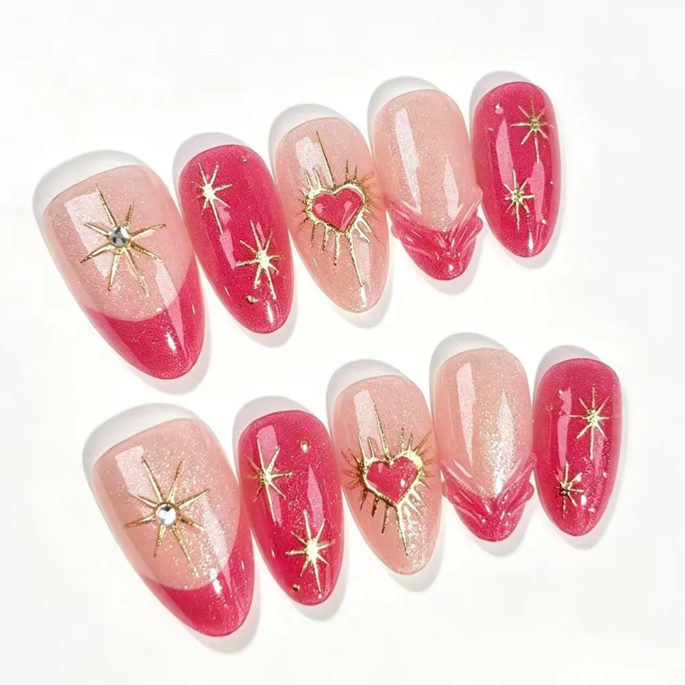Nailhour 30Pcs Light Red Cat Eye Medium Almond French Press On Nails