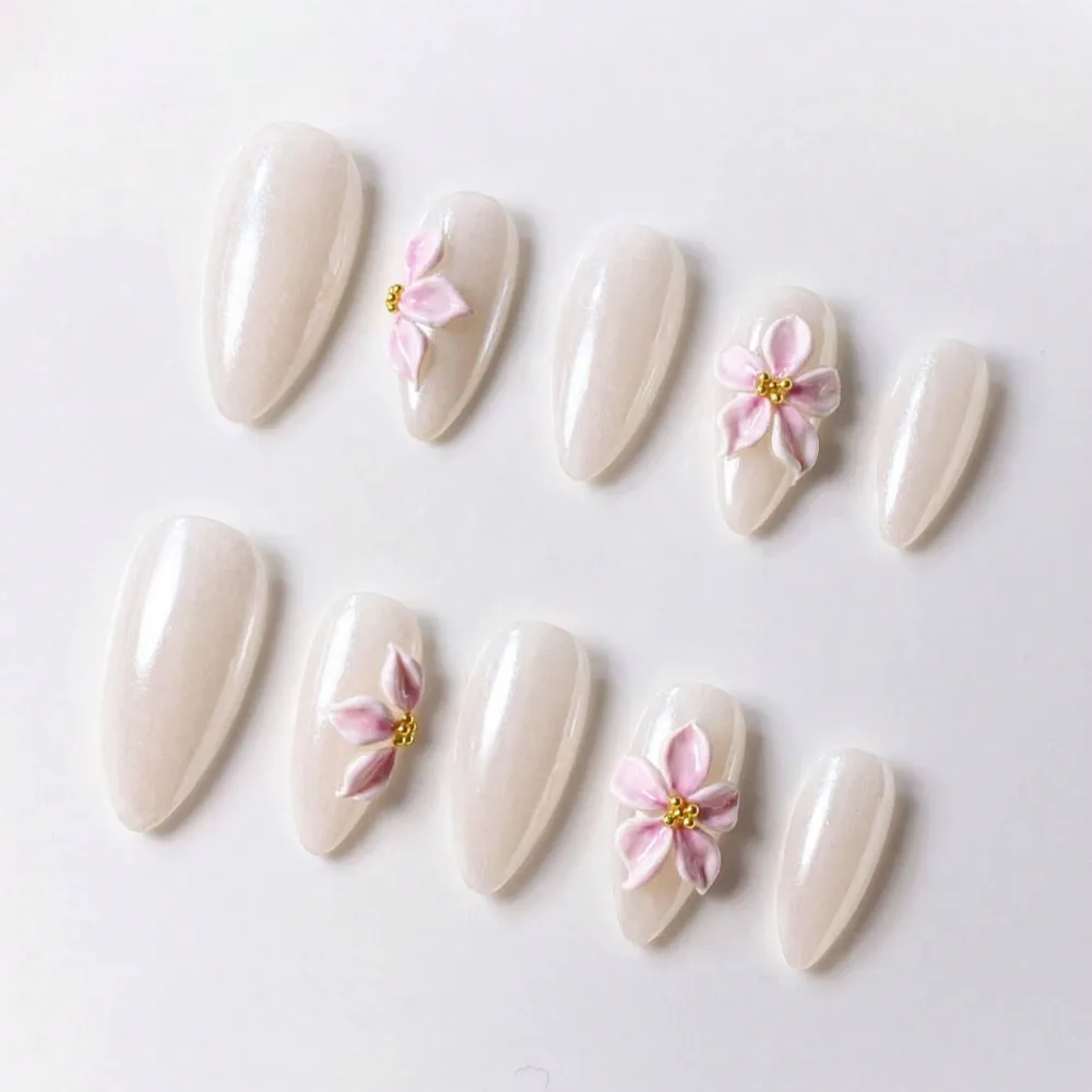 Nailhour 10Pcs Handmade Versatile Medium Almond 3D Floral Press On Nails