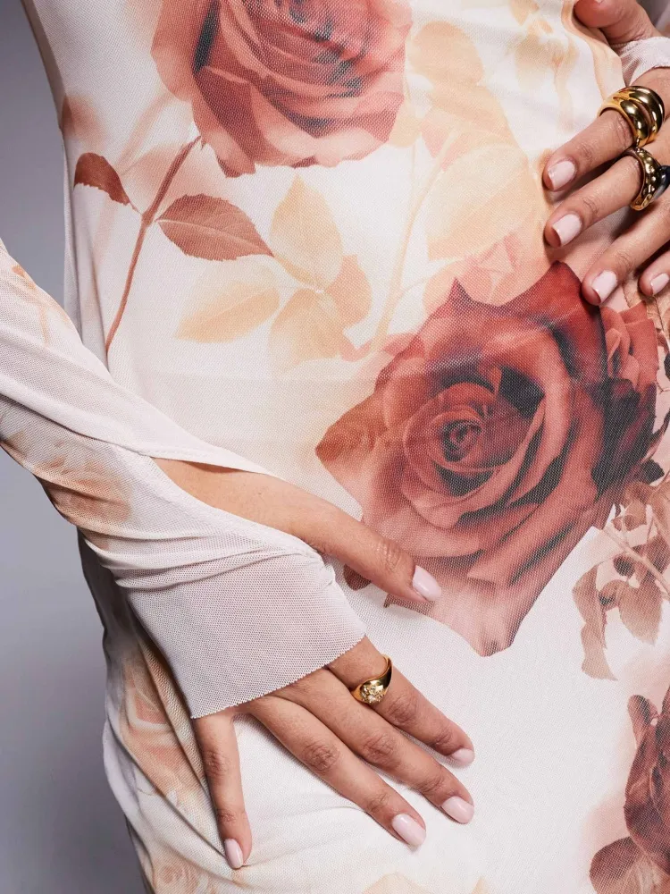 Rose Printed Turtleneck Slim Fit Dress