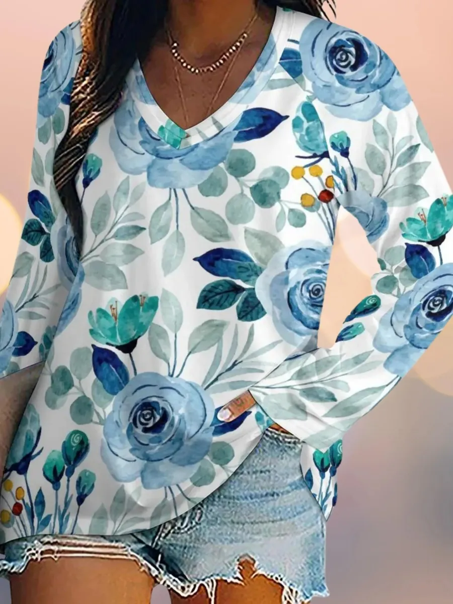 Watercolor Floral V-Neck Top