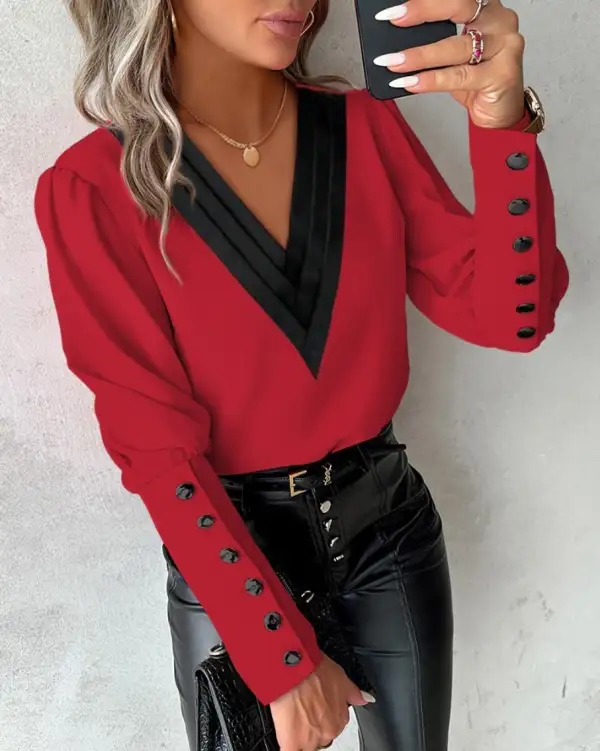 Button Detail V-Neck Blouse