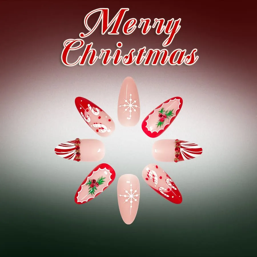 Nailhour 24Pcs Christmas Rhinestone Medium Almond French Press On Nails