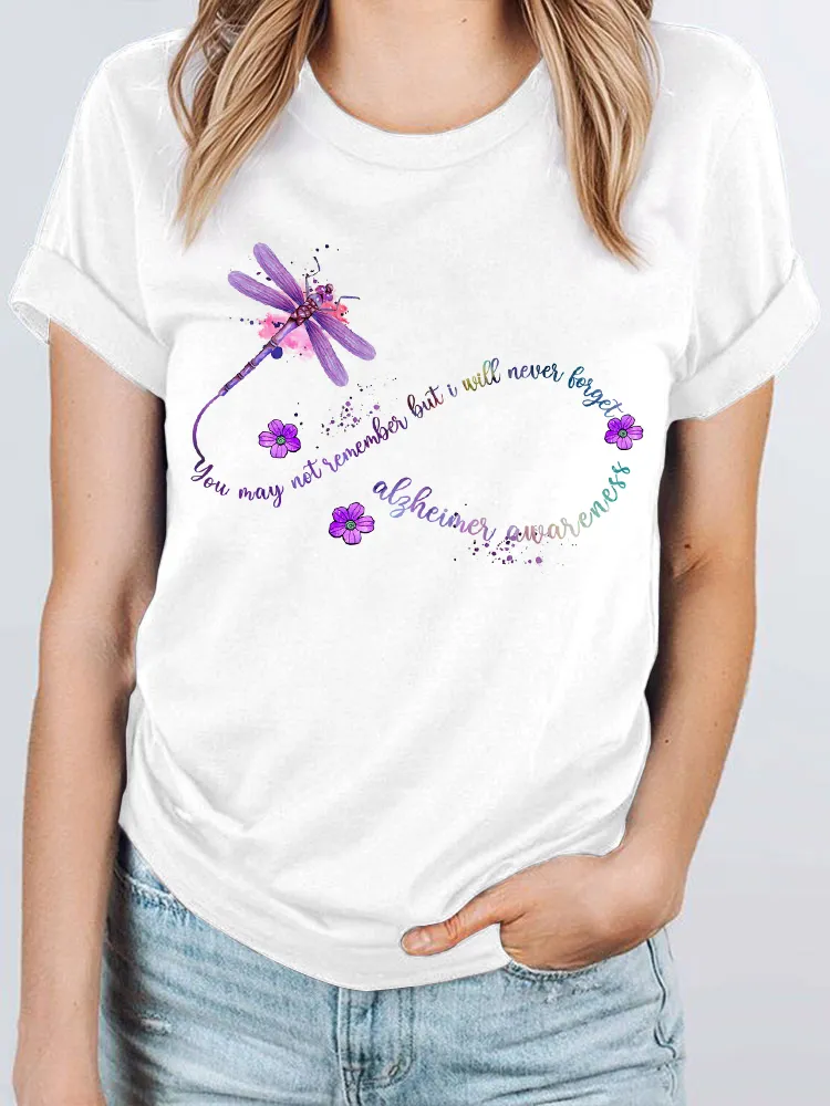 Women's You May Not Remember But I Will Never Forget Alzheimer's Awareness Round-Neck Short-Sleeved T-Shirt