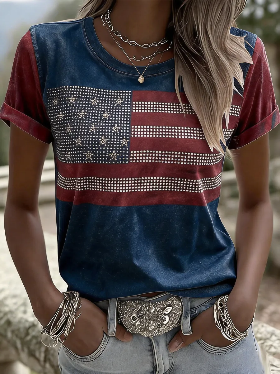 USA Rhinestone American Flag Print T-Shirt