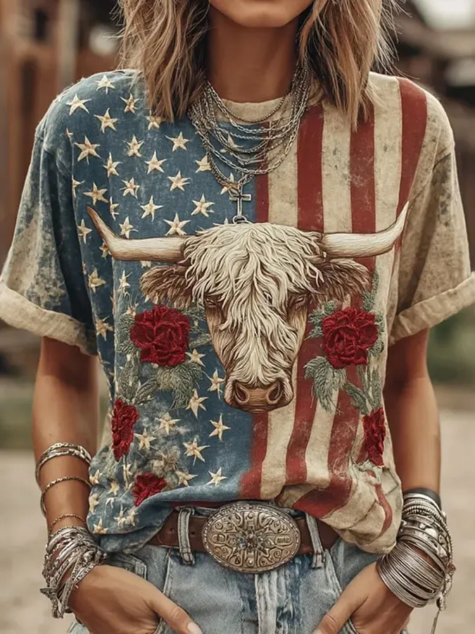 Women'S America Flag Printed Casual T-Shirt