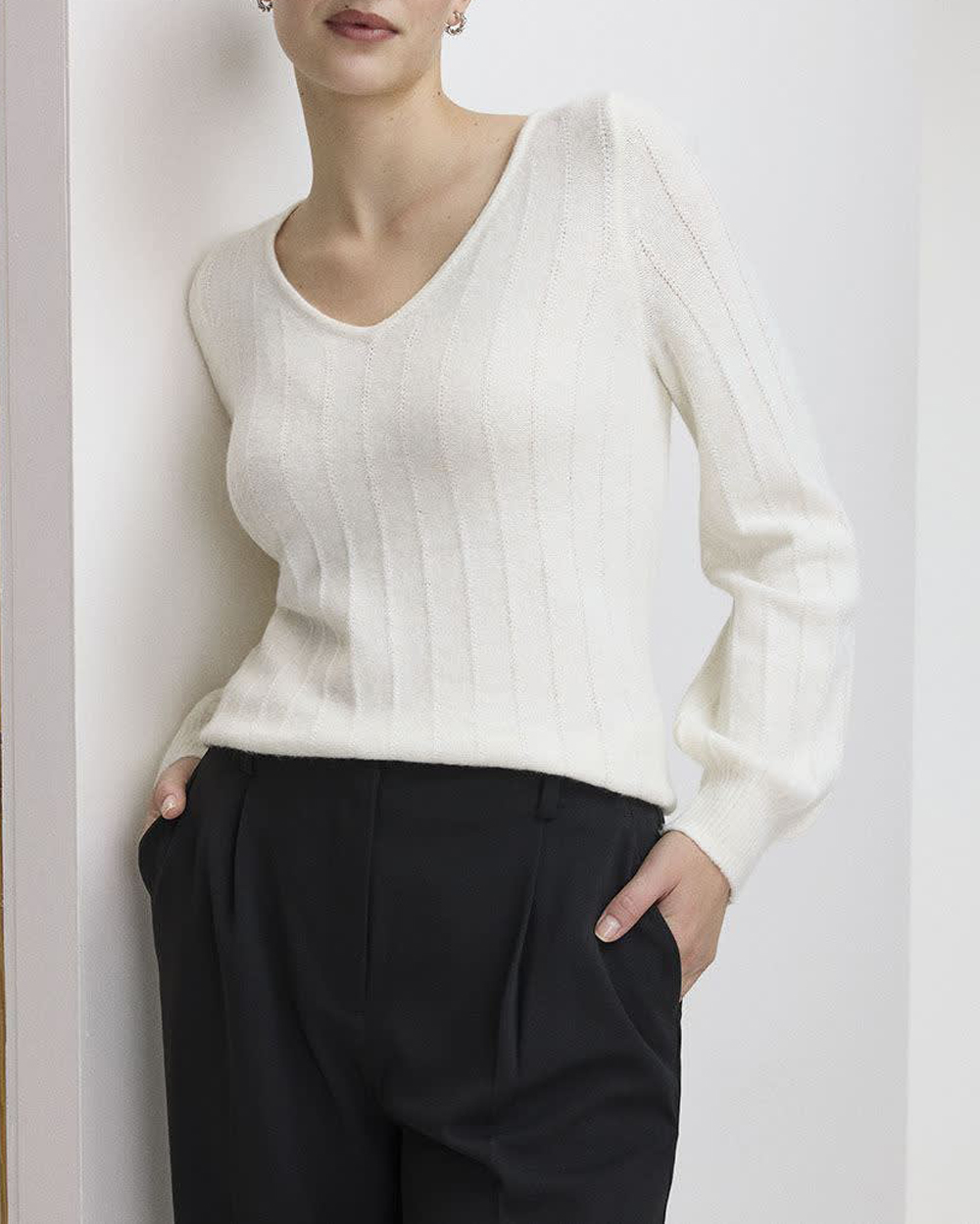 Long-Balloon-Sleeve V-Neck PlushSoft Sweater
