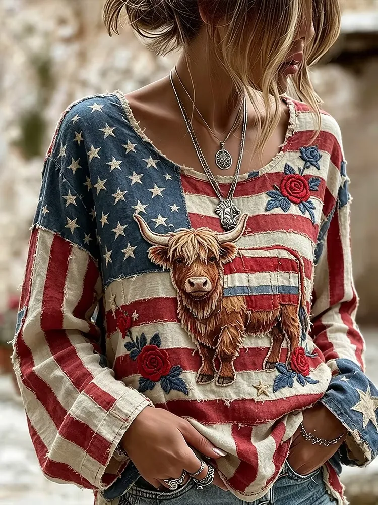 Ladies' Casual American Flag Highland Cattle Personalized Print Round Neck Long Sleeved Shirt