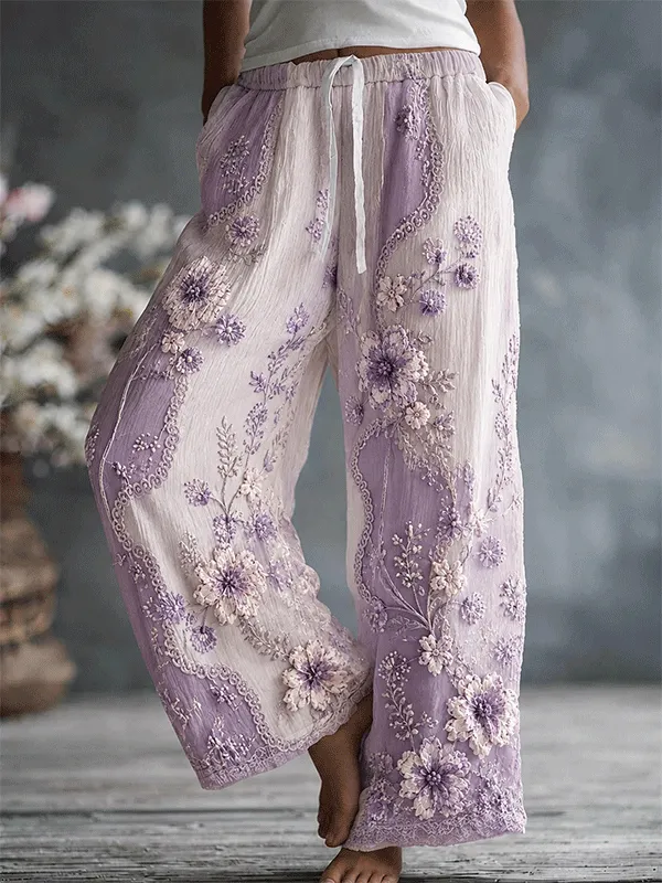 Women's Light Purple Ombre Floral Embroidered Palazzo Pants