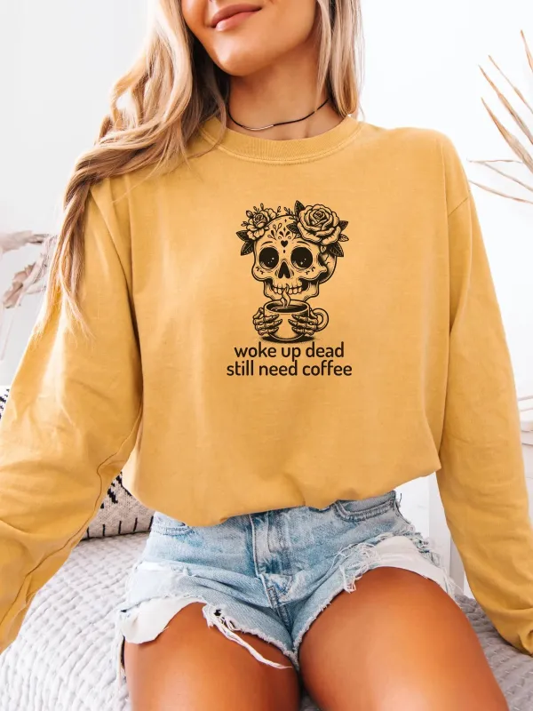 Gothic Coffee Skull Print T-Shirt