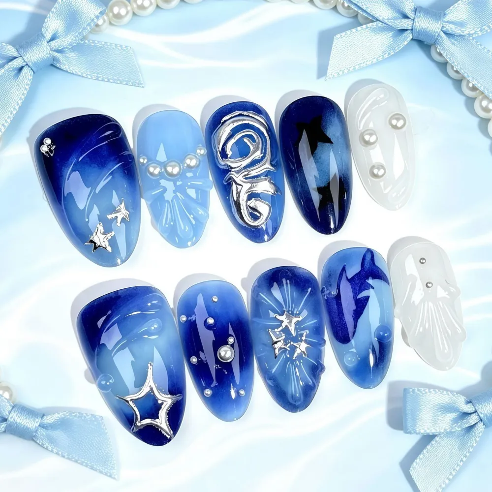 Nailhour 30Pcs Blue Gilded 3D Medium Almond French Press On Nails