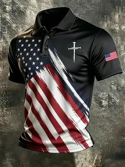 Men'S National flag and cross Print Casual Polo Shirt