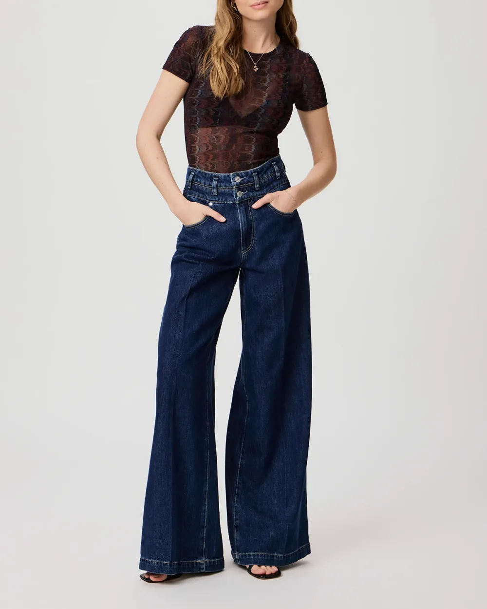 Navy Multi Sheer Fabric Short Sleeve Top