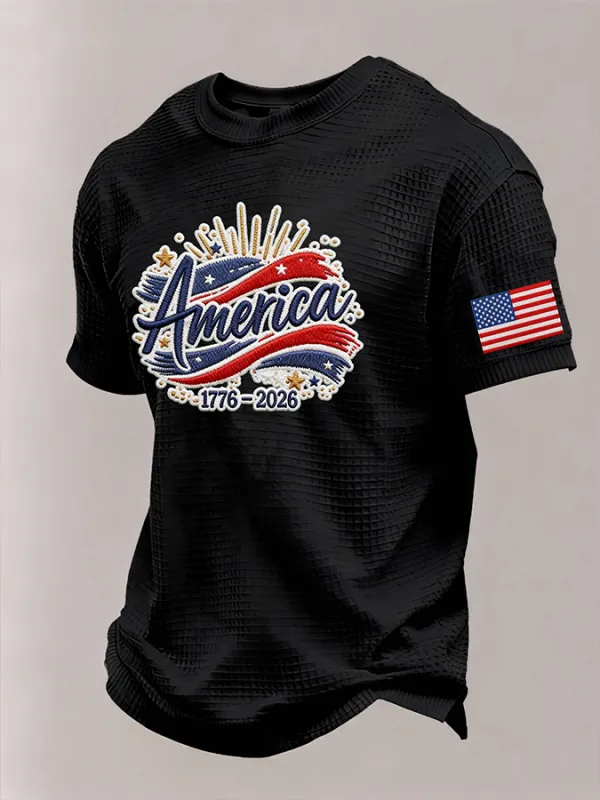 Men’s USA 250th Anniversary Embroidered Print Short Sleeve Waffle T-Shirt
