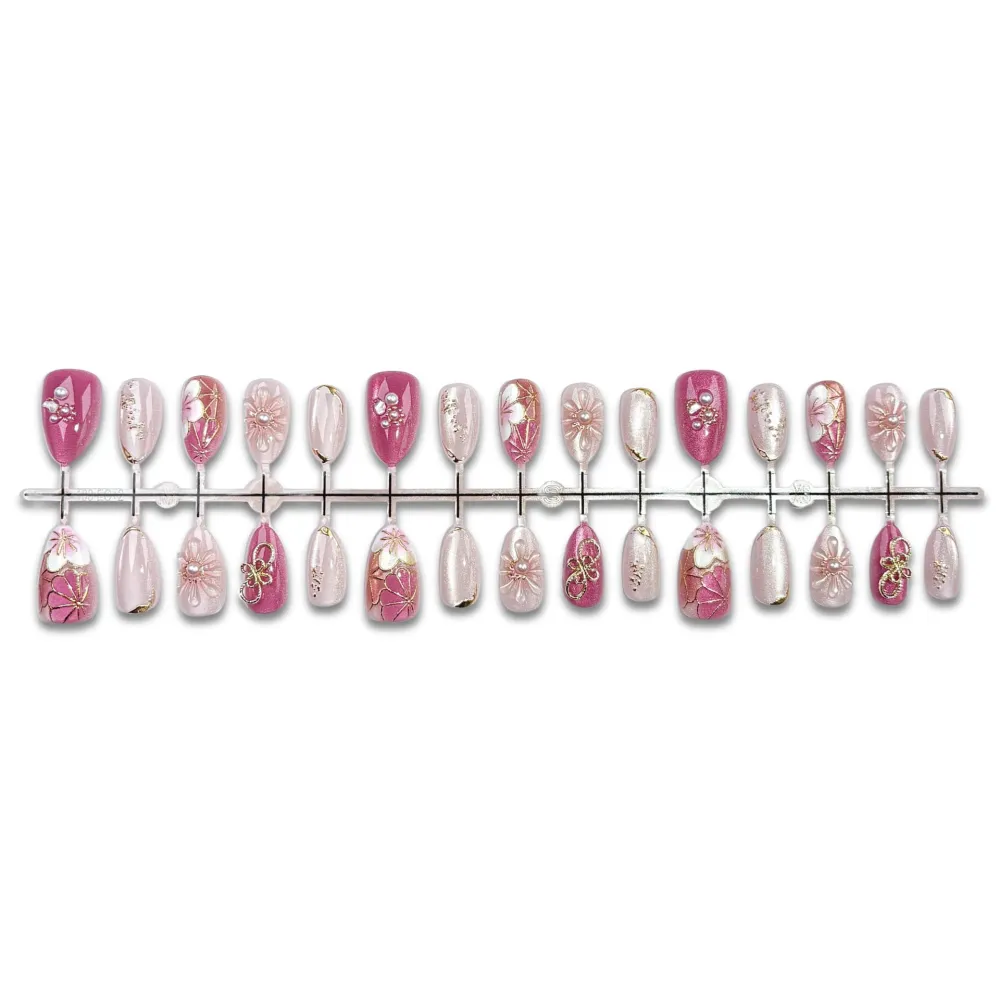 Nailhour 30Pcs 3D Floral Medium Oval Gilded Press On Nails