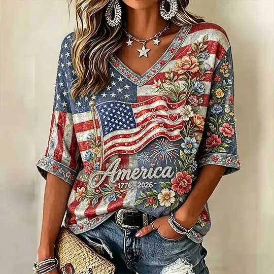 Women's Independence Day Flag And Floral Print Cotton Linen V-neck Short Sleeve Top