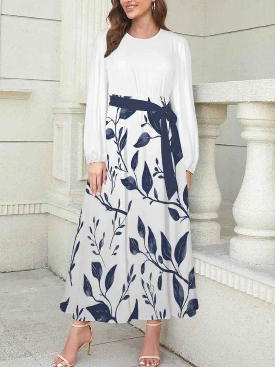 Plant Print Long Sleeve Dress