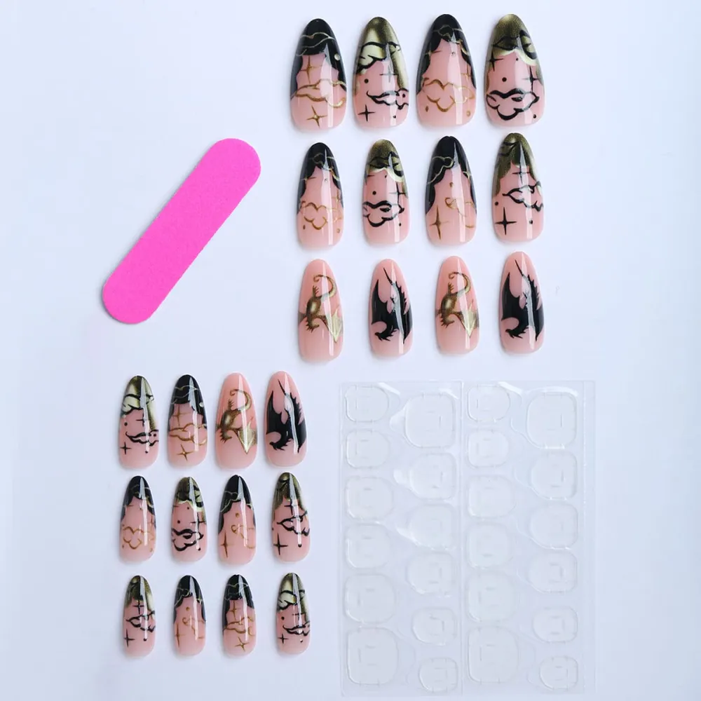 Nailhour 24Pcs Gothic Black Dark Punk Style Gilded Short Almond Press On Nails