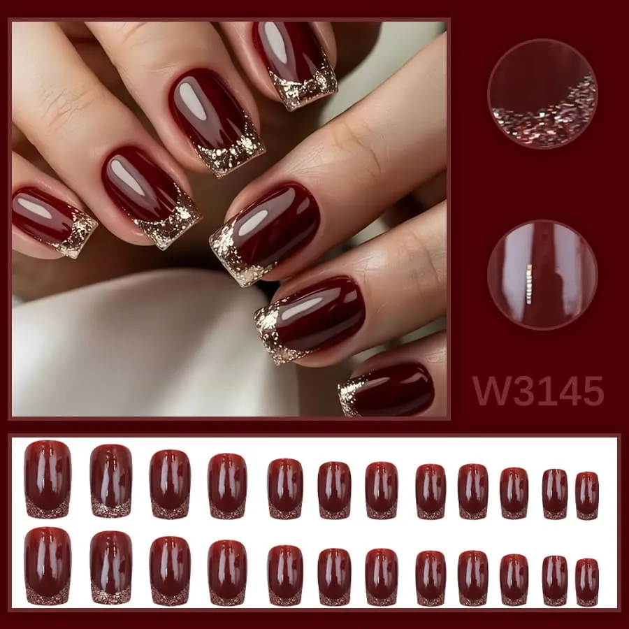 Nailhour 24Pcs Red French Short Square Gilded Press On Nails