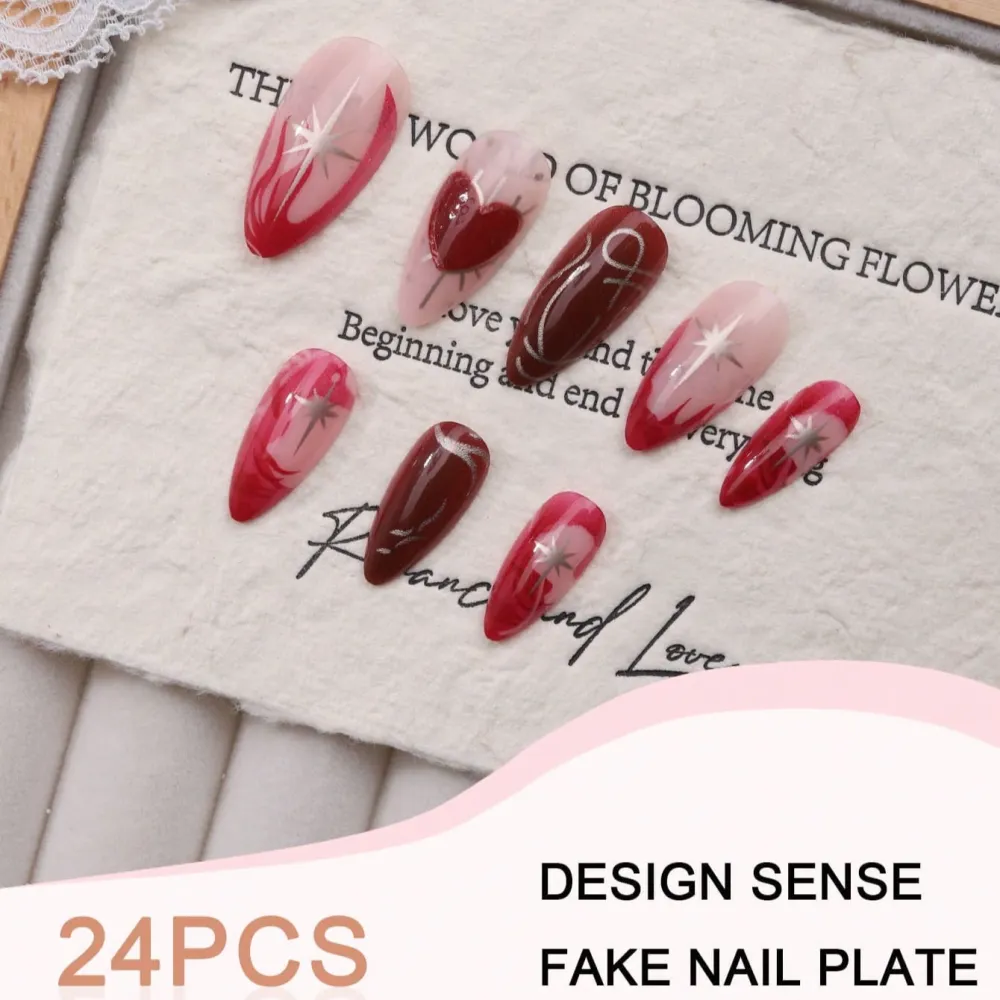 Nailhour 24Pcs Red 3D Gilded Gradient Medium Almond Press On Nails