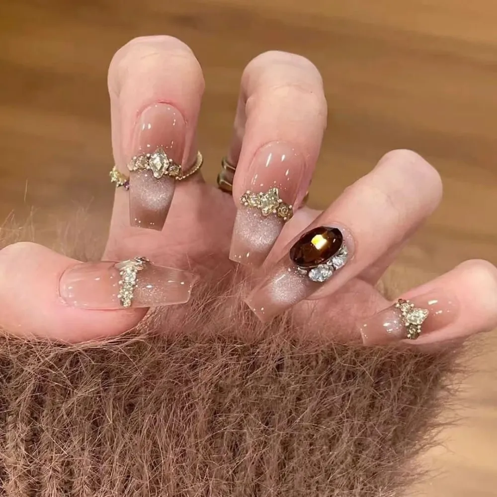 Nailhour 10Pcs Brown Rhinestone Cat Eye 3D Medium Coffin Press On Nails