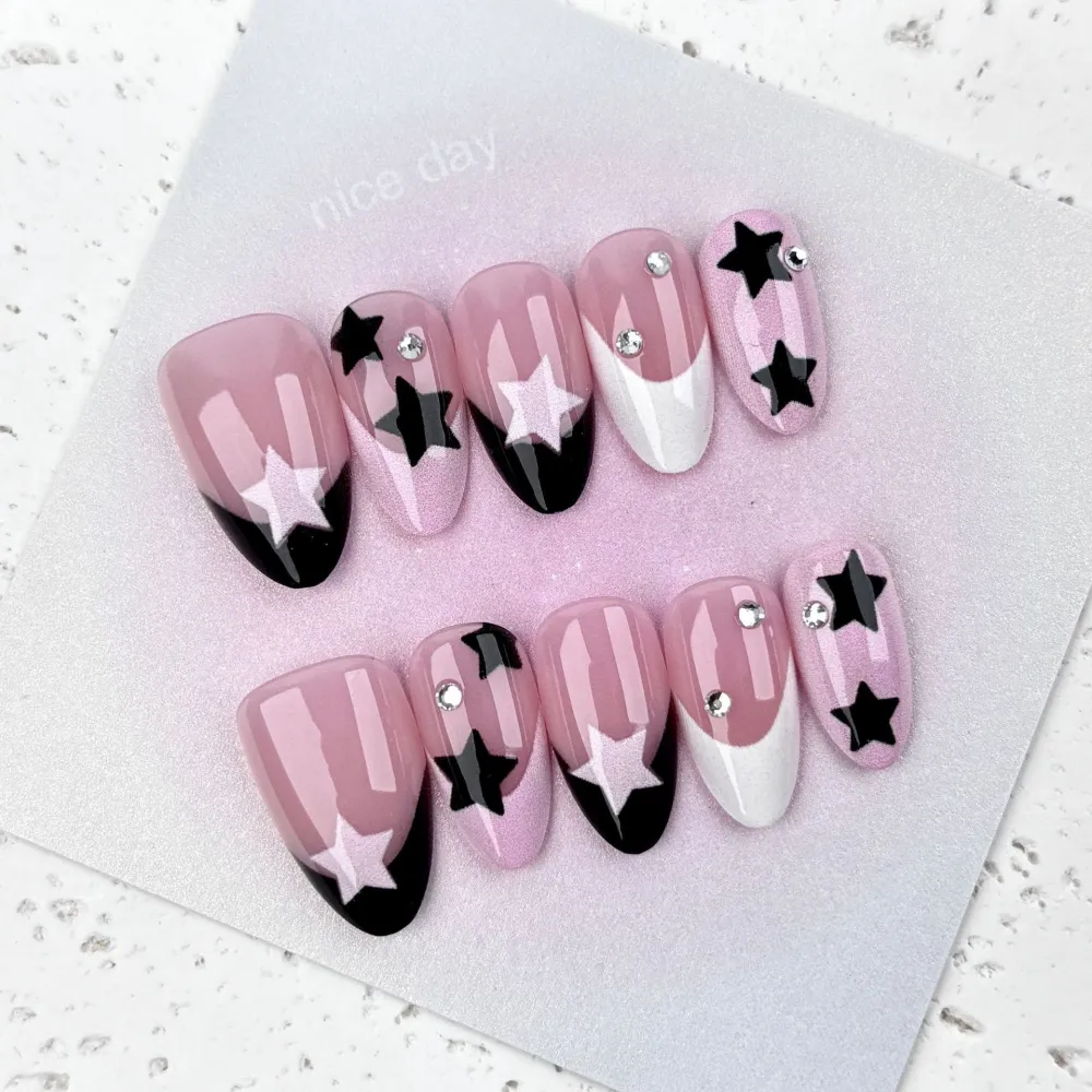 Nailhour 30Pcs Black And Pink Star Medium Almond French Press On Nails