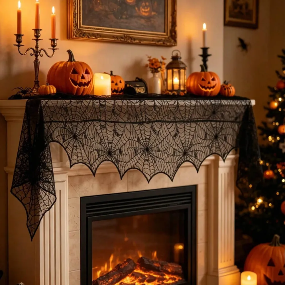 Halloween Black Lace Fireplace Mantle Scarf Cover