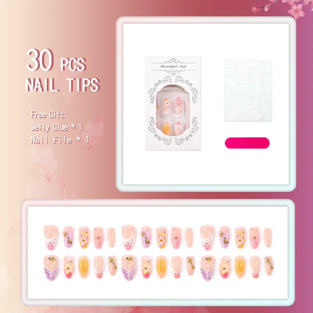 Nailhour 30Pcs Multicolo 3D Floral Resin Medium Almond Press On Nails