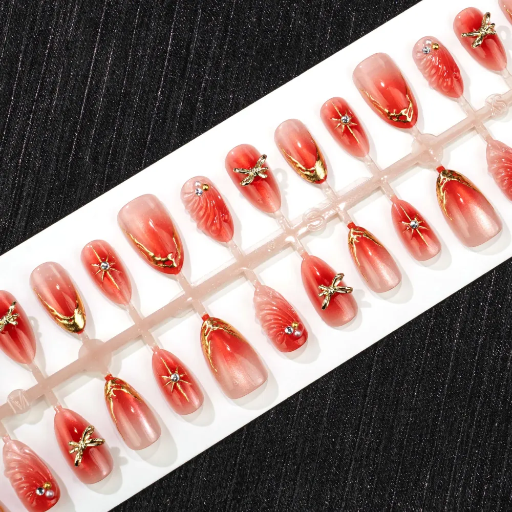 Nailhour 30Pcs Blending 3D Medium Almond Red French Press On Nails