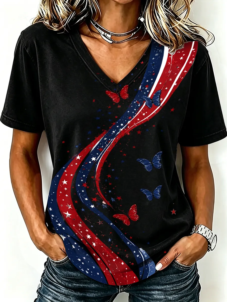 Women'S America Flag  Print Casual V-Neck T-Shirt