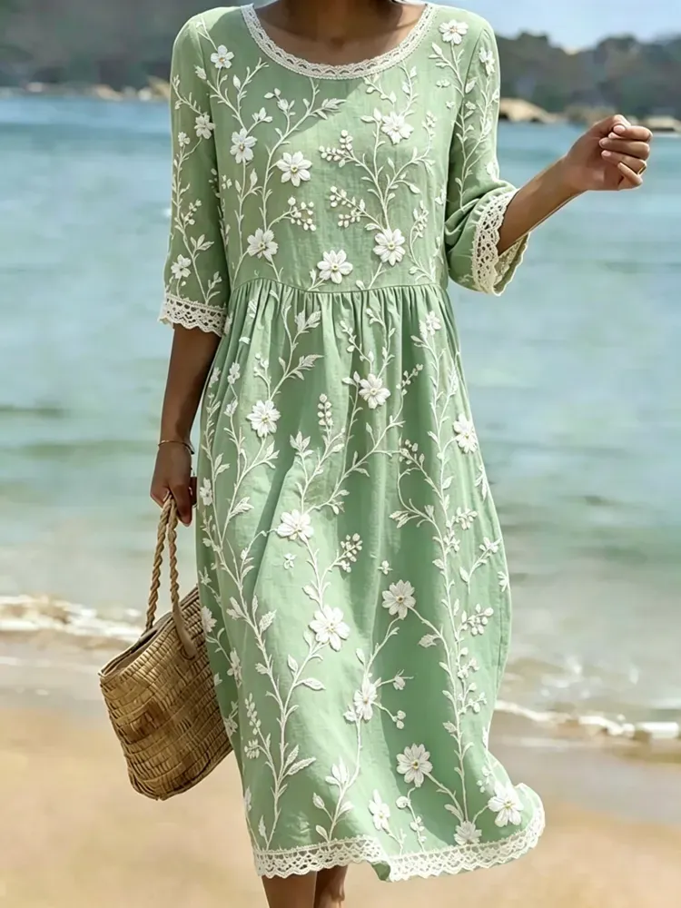 Women's casual floral printed cotton and linen dress