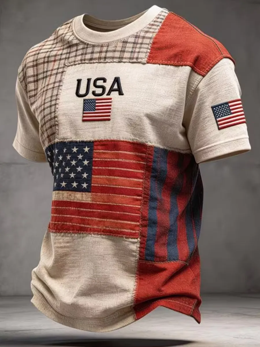 Men'S Vintage USA Flag Patchwork Art Print T-Shirt