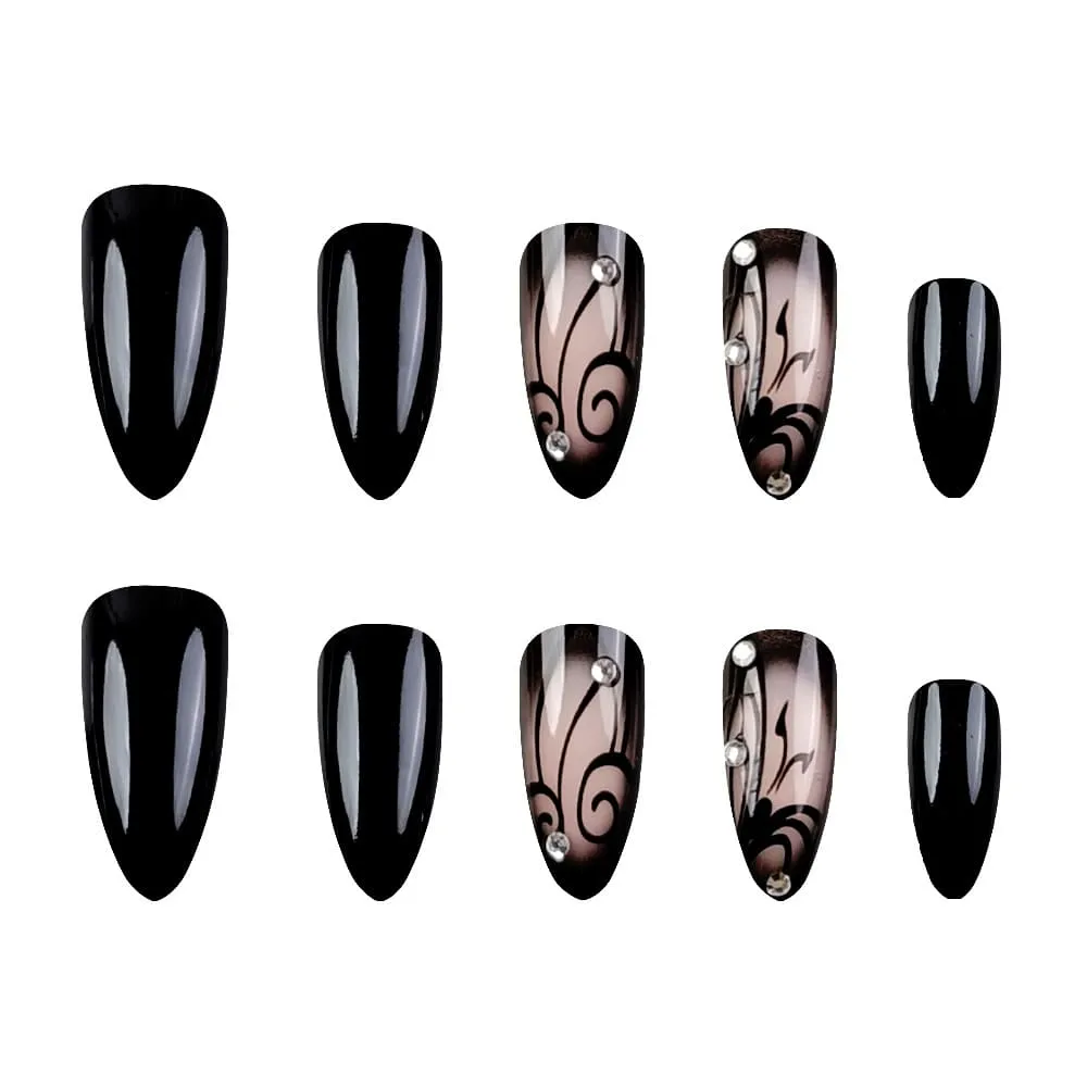 Nailhour 24Pcs French Black Rhinestone Short Almond Press On Nails