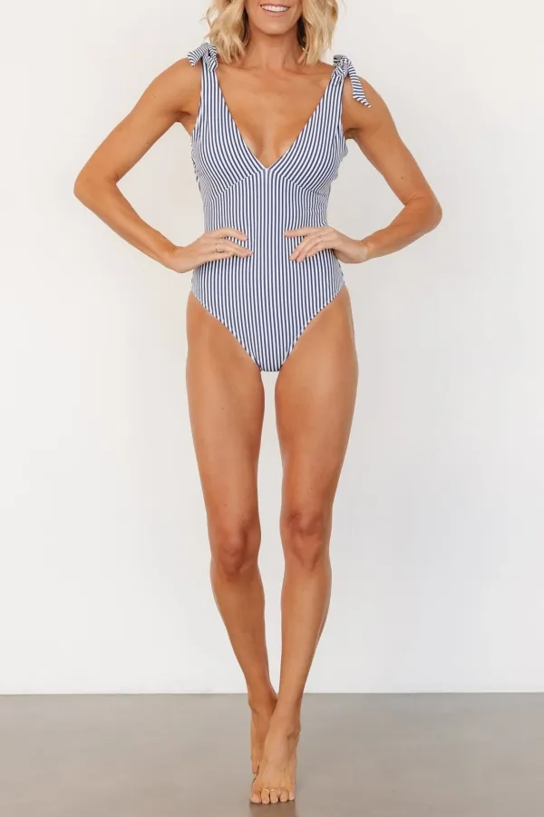 Classic Blue And White Striped V-Neck One Piece