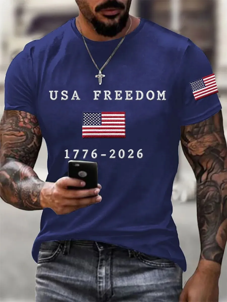 Men's American Free American Flag Printed Casual Independence Day Patriotic T-shirt