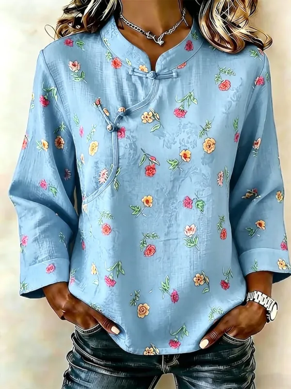 Women'S Cotton And Linen Floral Print Top