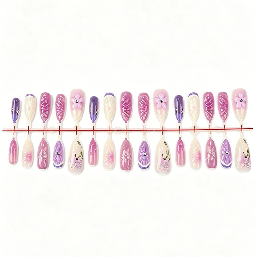 Nailhour 30Pcs Floral Purple 3D Medium Almond French Press On Nails