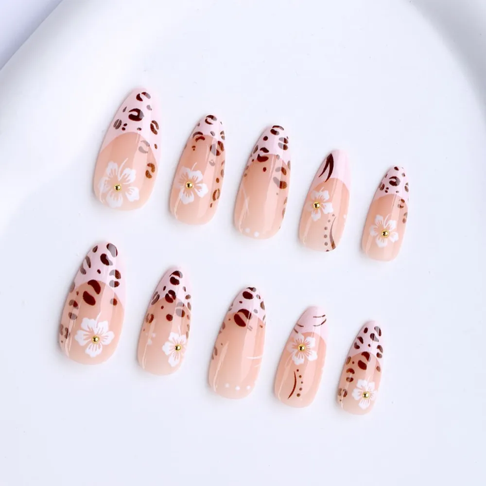 Nailhour 24Pcs Sweet Floral Leopard Print Medium Almond French Press On Nails
