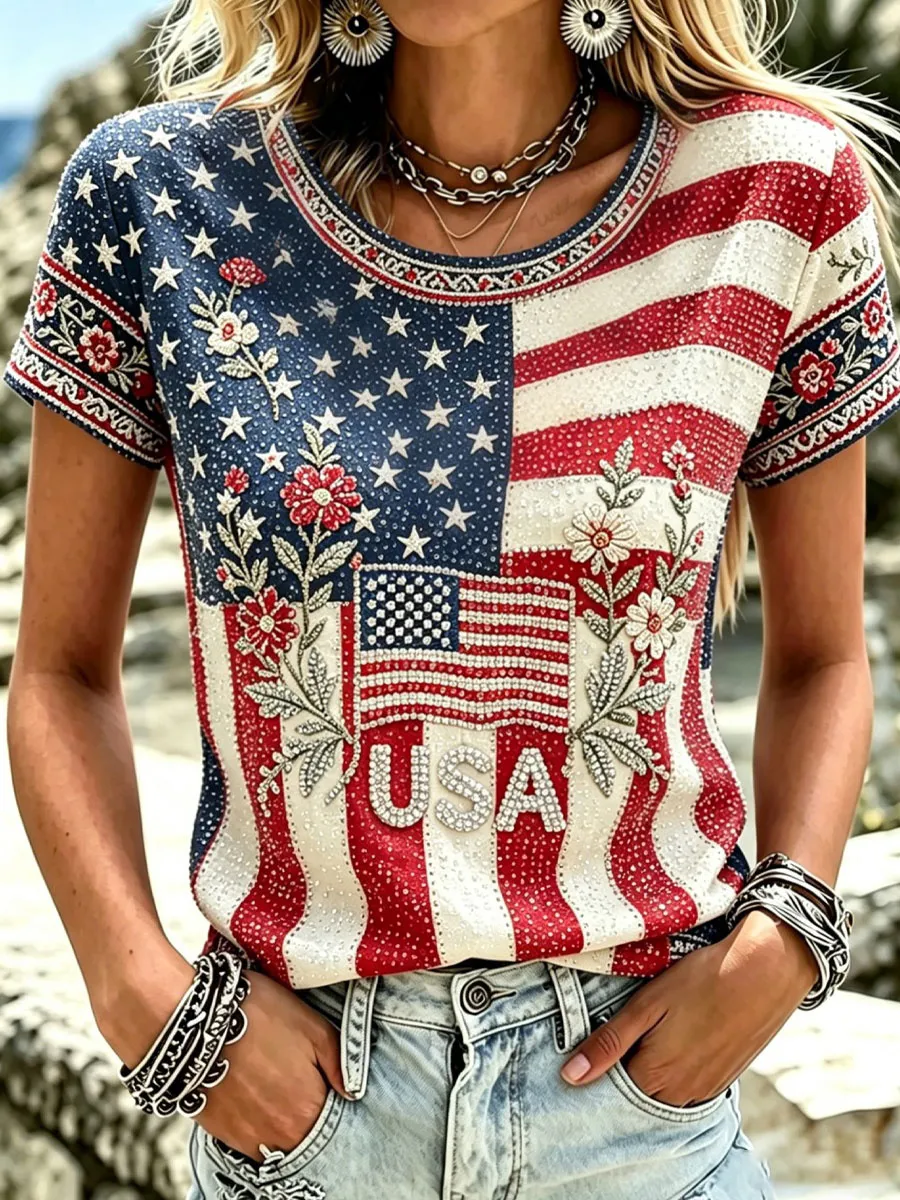 USA 250th Anniversary Rhinestone Print Women's T-Shirt