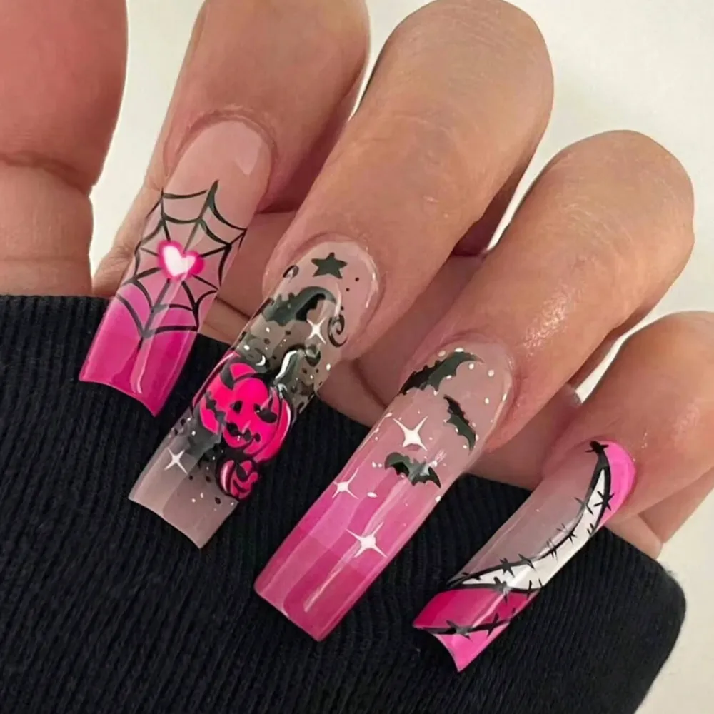 Nailhour 24Pcs Pink Halloween Gradient Extra Long Square Press On Nails