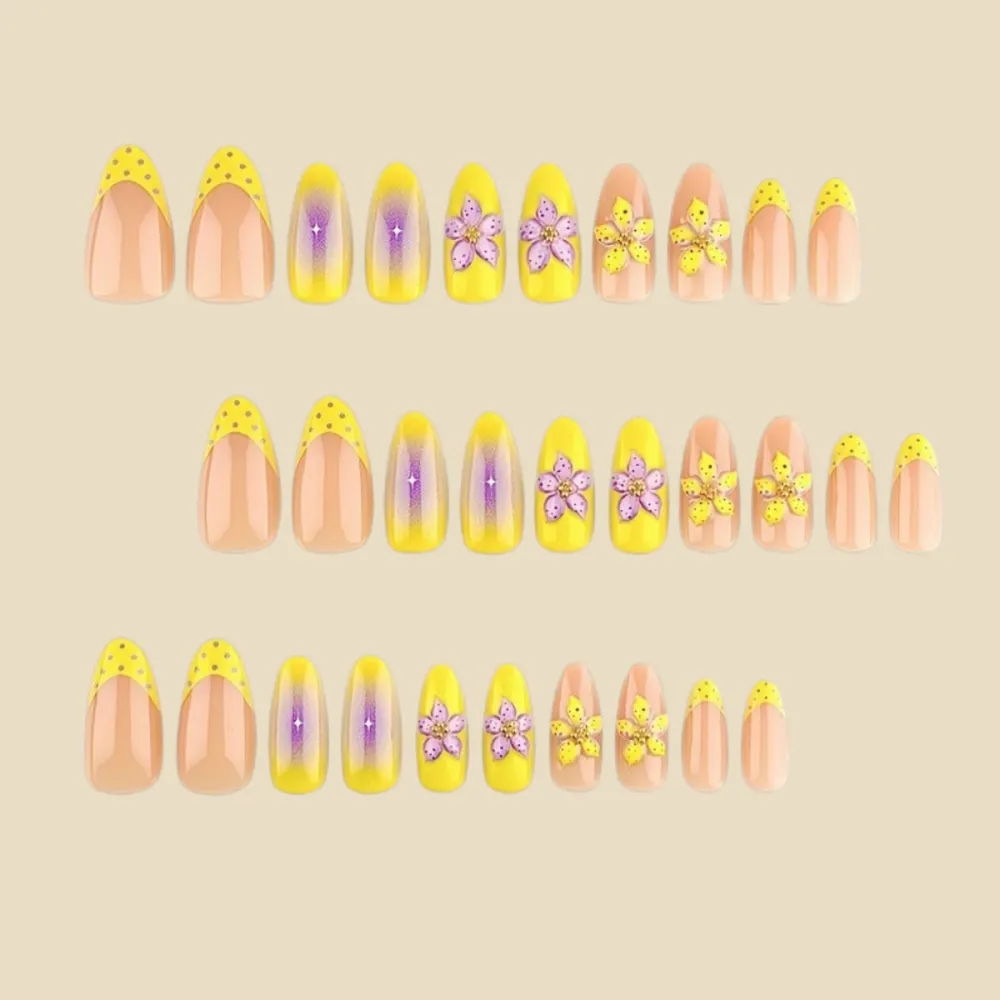 Nailhour 30pcs Yellow Medium Almond French Press On Nails