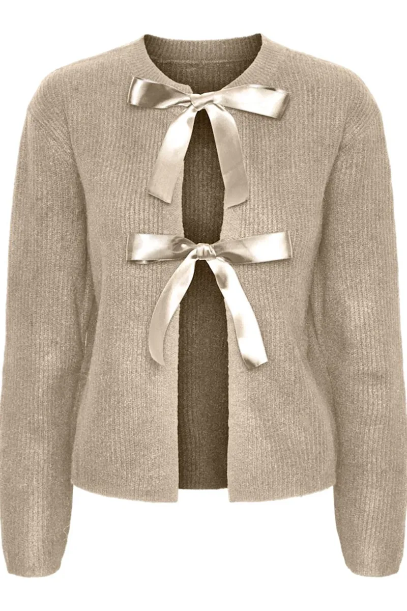 Bow Accented Tie Long Sleeve Cardigans