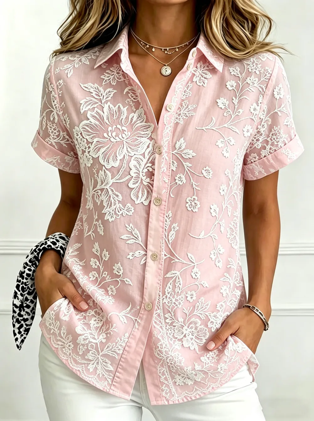 Women'S Casual Cotton Linen Plant Flower Personalized Printed Lapel Short Sleeved Shirt