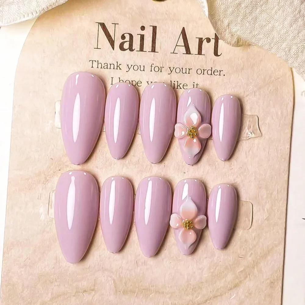 Nailhour 10Pcs Handmade Medium Almond 3D Purple Floral Nude Press On Nails