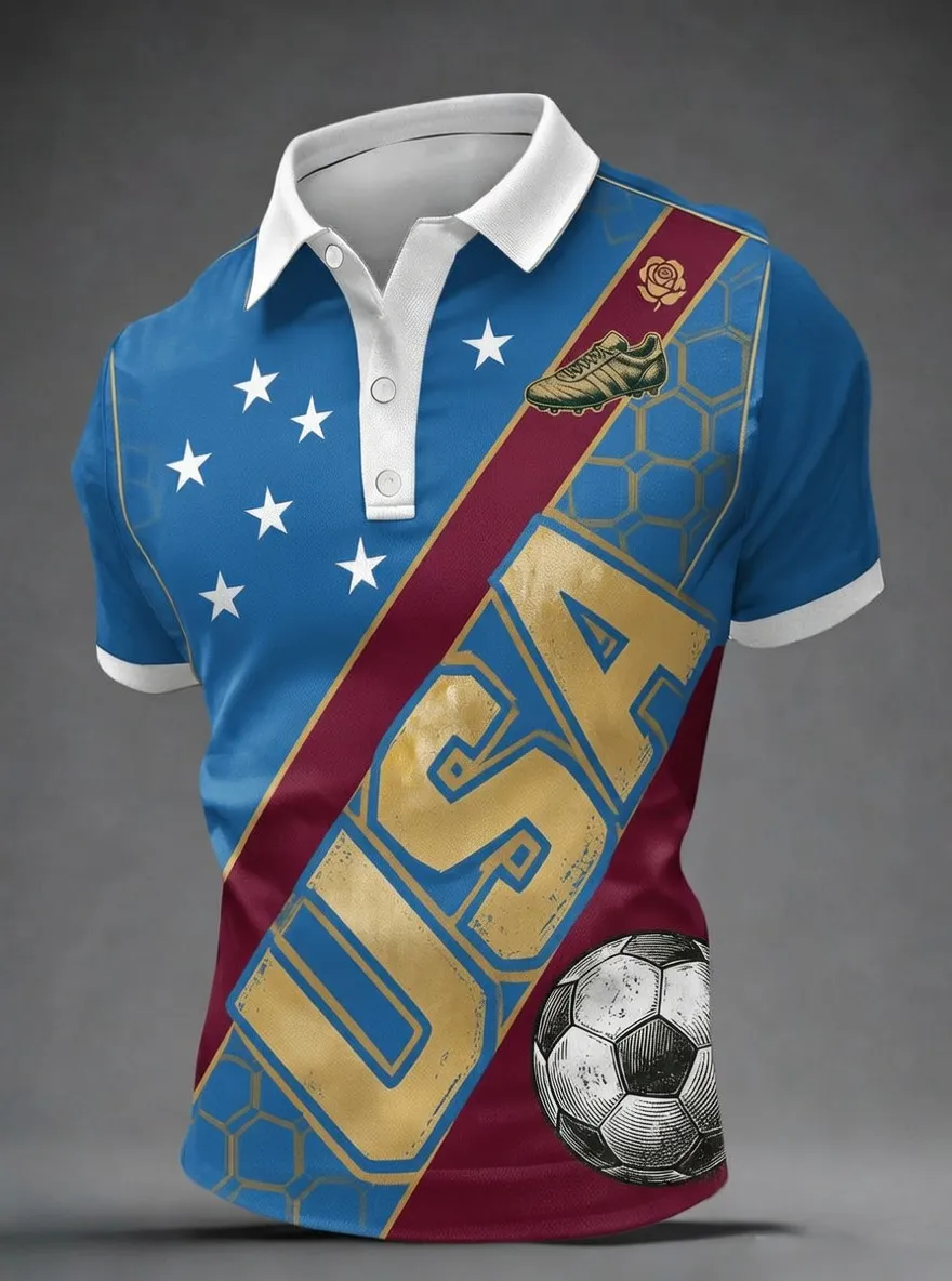 Men's USA Soccer Fan Stars and Ball Printed Polo Shirt
