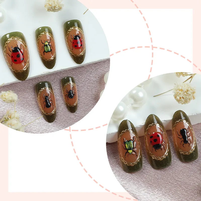 Nailhour 30Pcs Green 3D Vintage Medium Almond Press On Nails