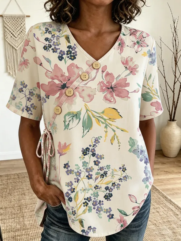 Floral Embroidered Asymmetric Button V-Neck Casual Blouse