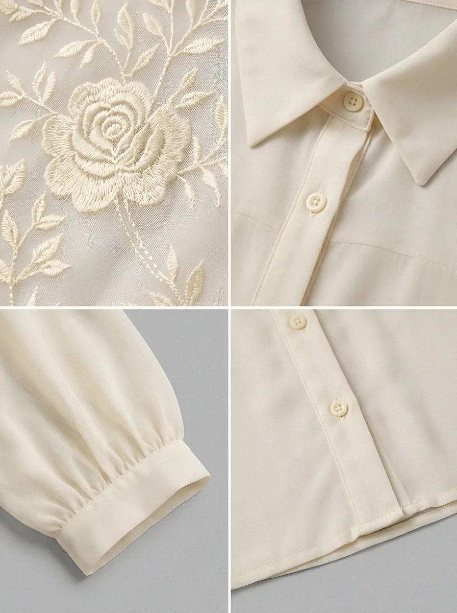 Women's Breast Cancer Awareness Rose Floral Embroidered Button-up Shirt